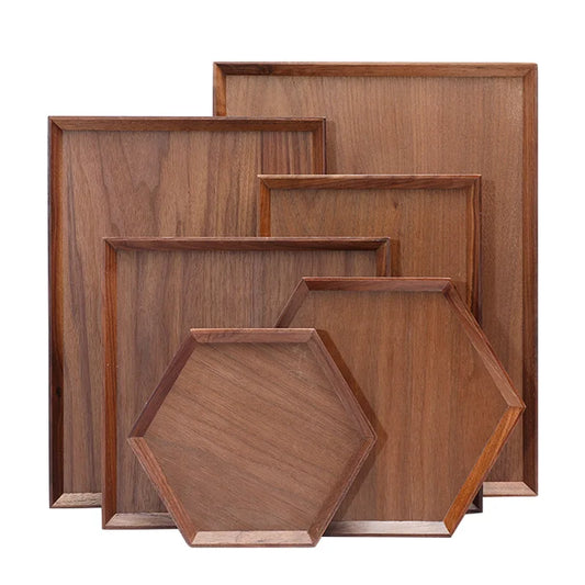 HEMU Natural Black Walnut Solid Wood Rectangular Hexagon Wooden Japanese Tableware Household Fruit Tray Wooden Tea Tray Hot